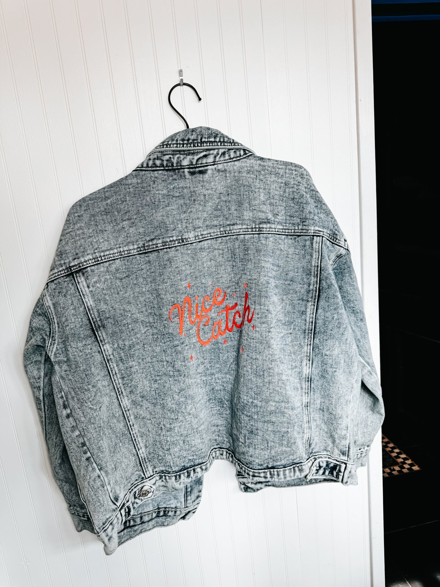 MEDIUM OVERSIZED Stone Washed Jean Jacket with "Nice Catch" design