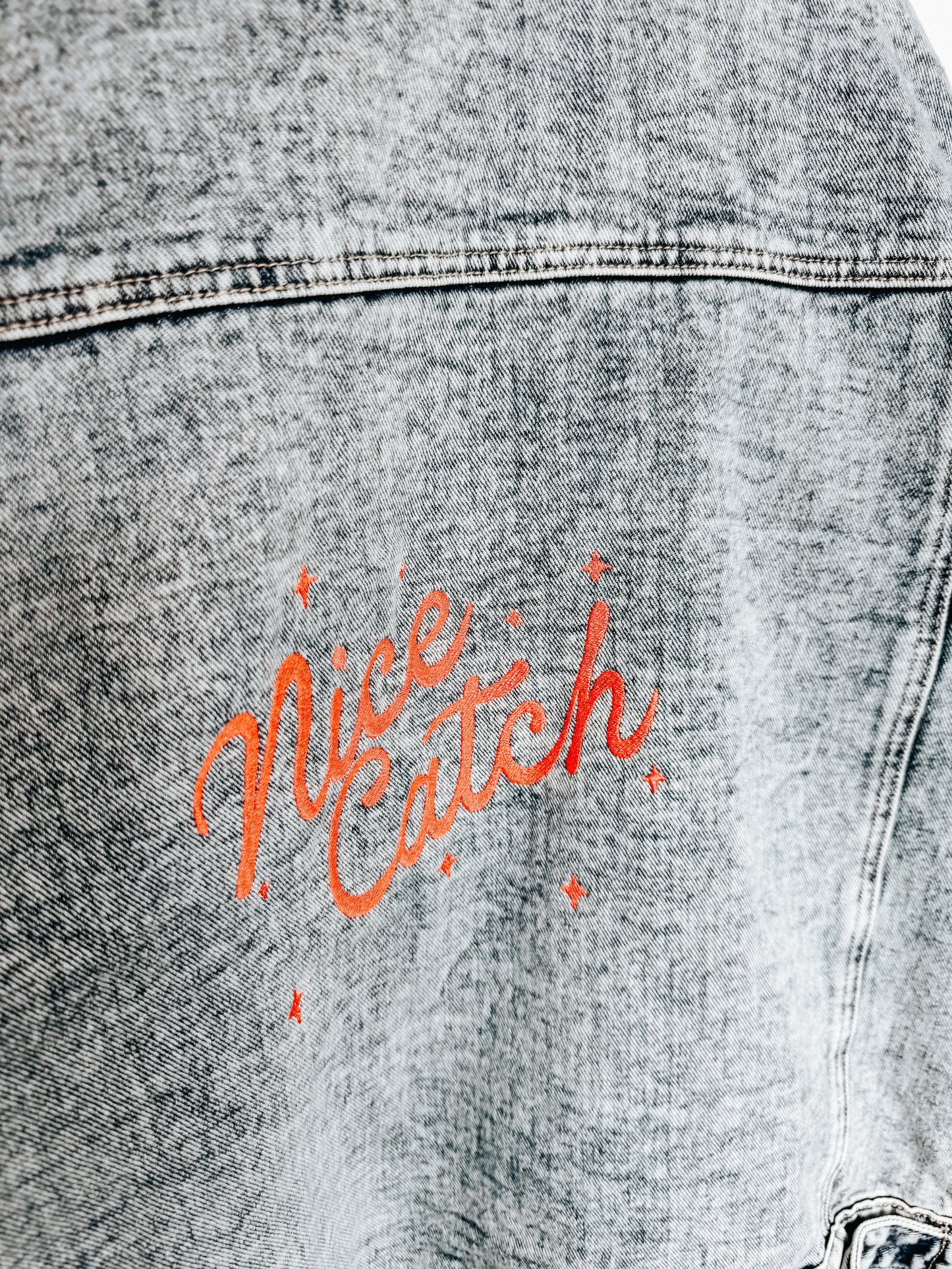 MEDIUM OVERSIZED Stone Washed Jean Jacket with "Nice Catch" design