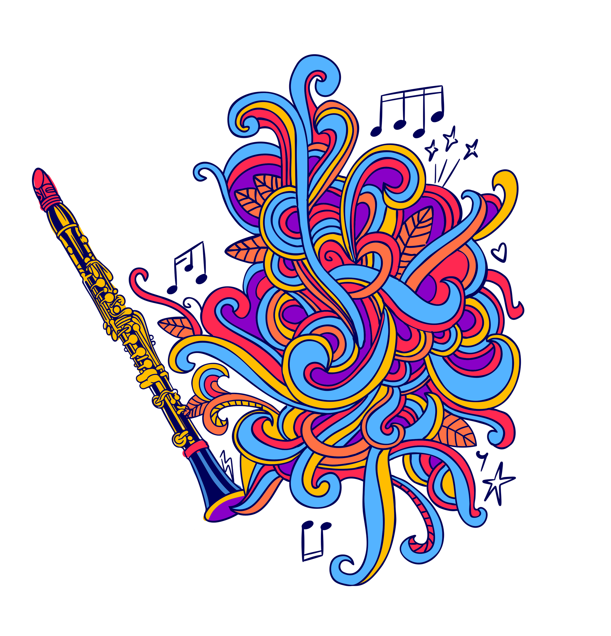 Colorful clarinet with swirling abstract design and musical notes on a white background